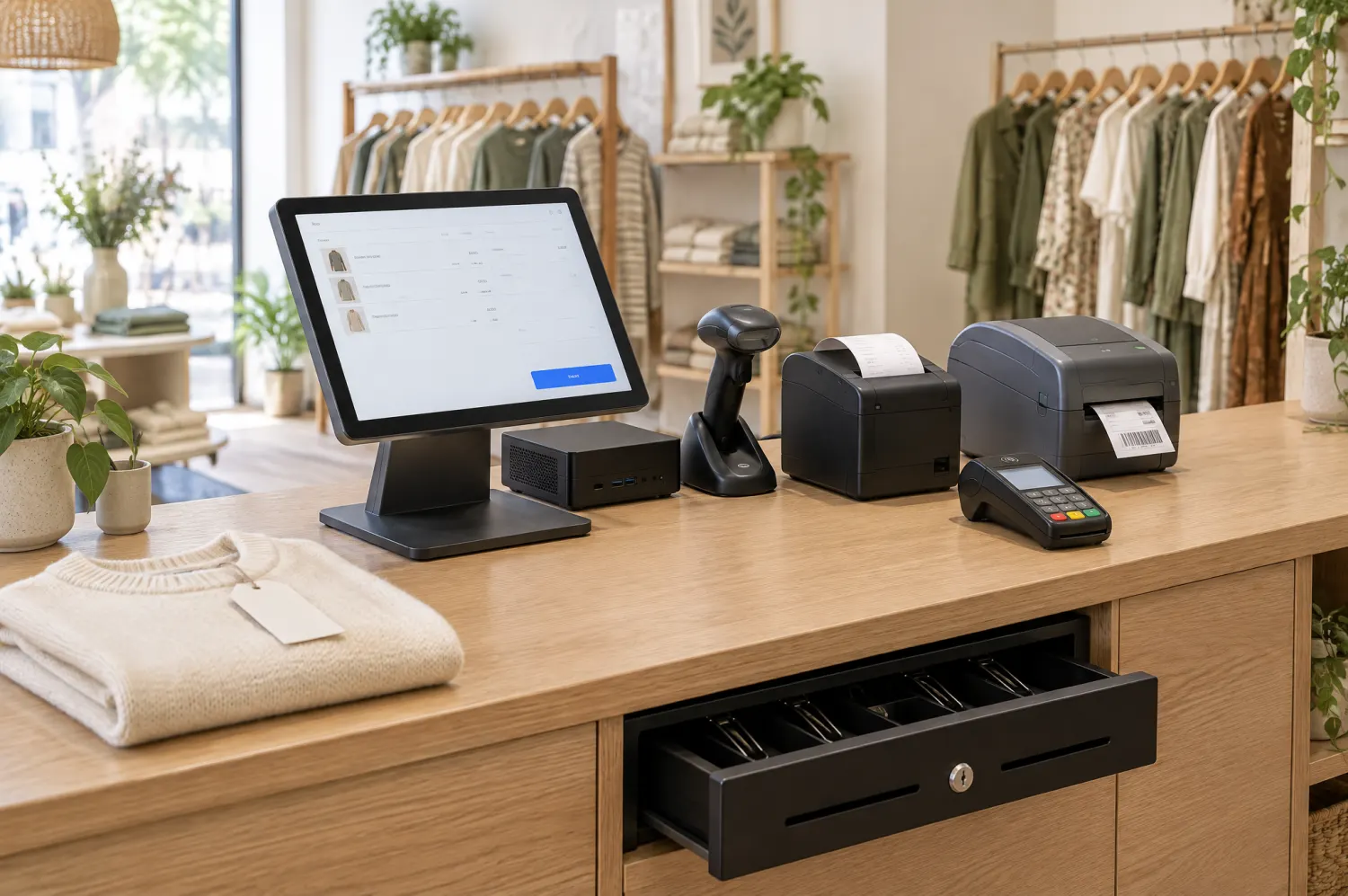 Un comptoir de boutique équipé : écran tactile, douchette, imprimantes, terminal de paiement et tiroir-caisse