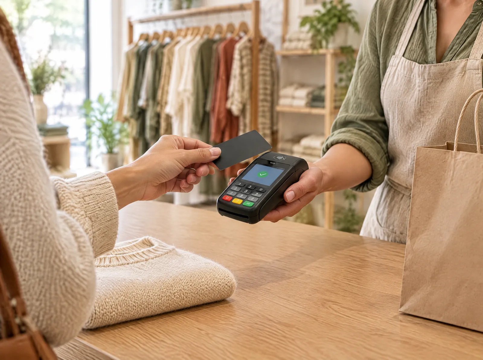 Une cliente approche sa carte du terminal de paiement tendu par la commerçante.