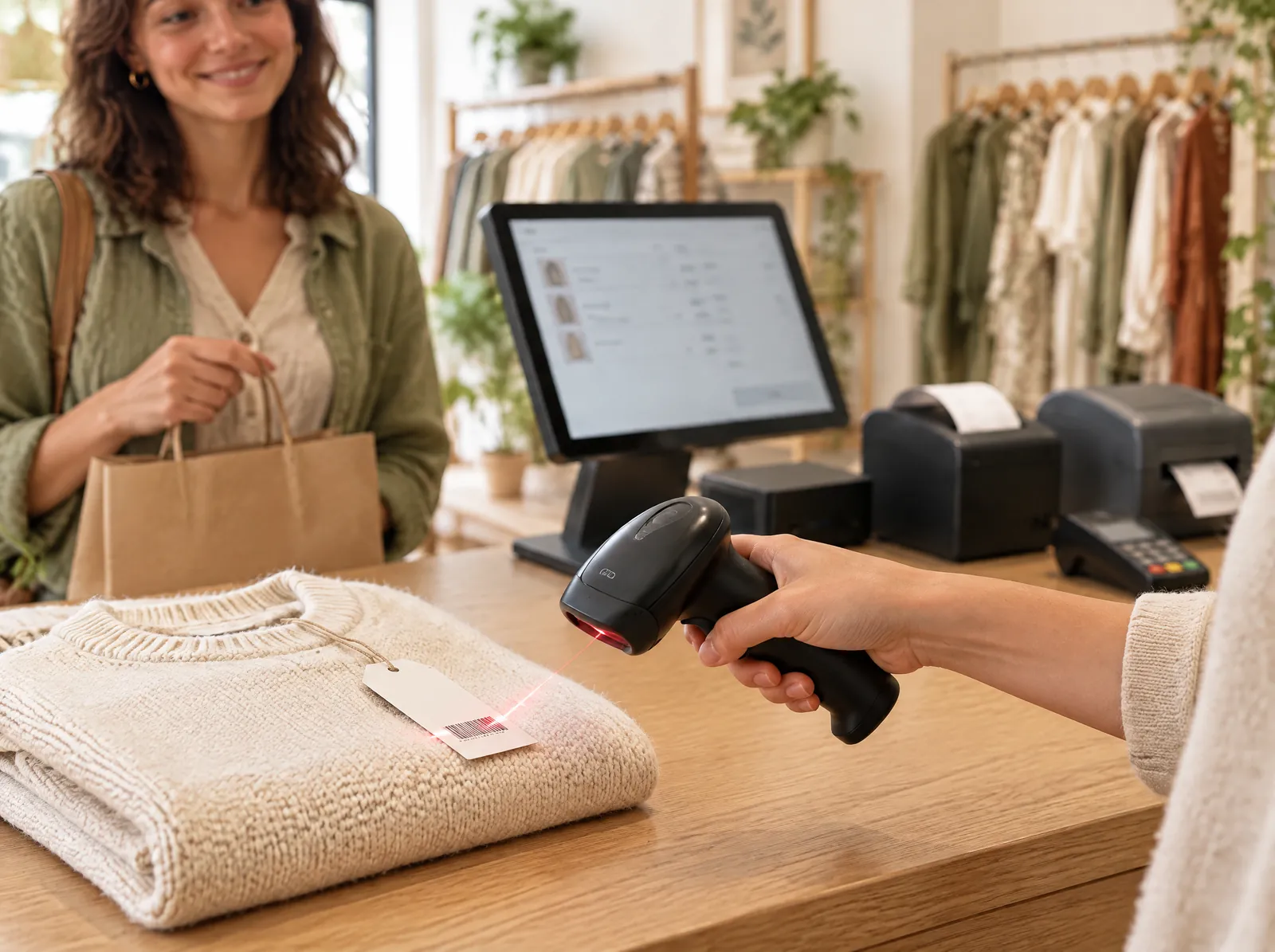 Une main scanne l'étiquette d'un pull pendant qu'une cliente attend, son sac à la main.