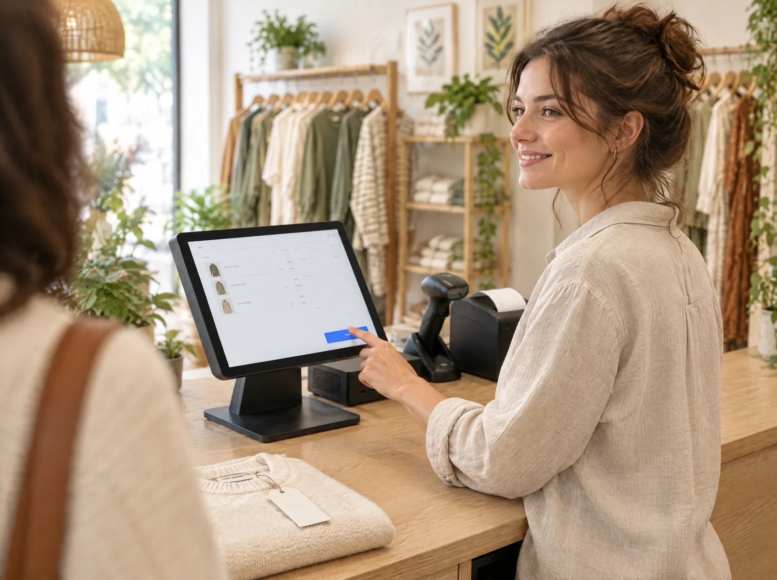 La commerçante touche l'écran de caisse en souriant à une cliente.