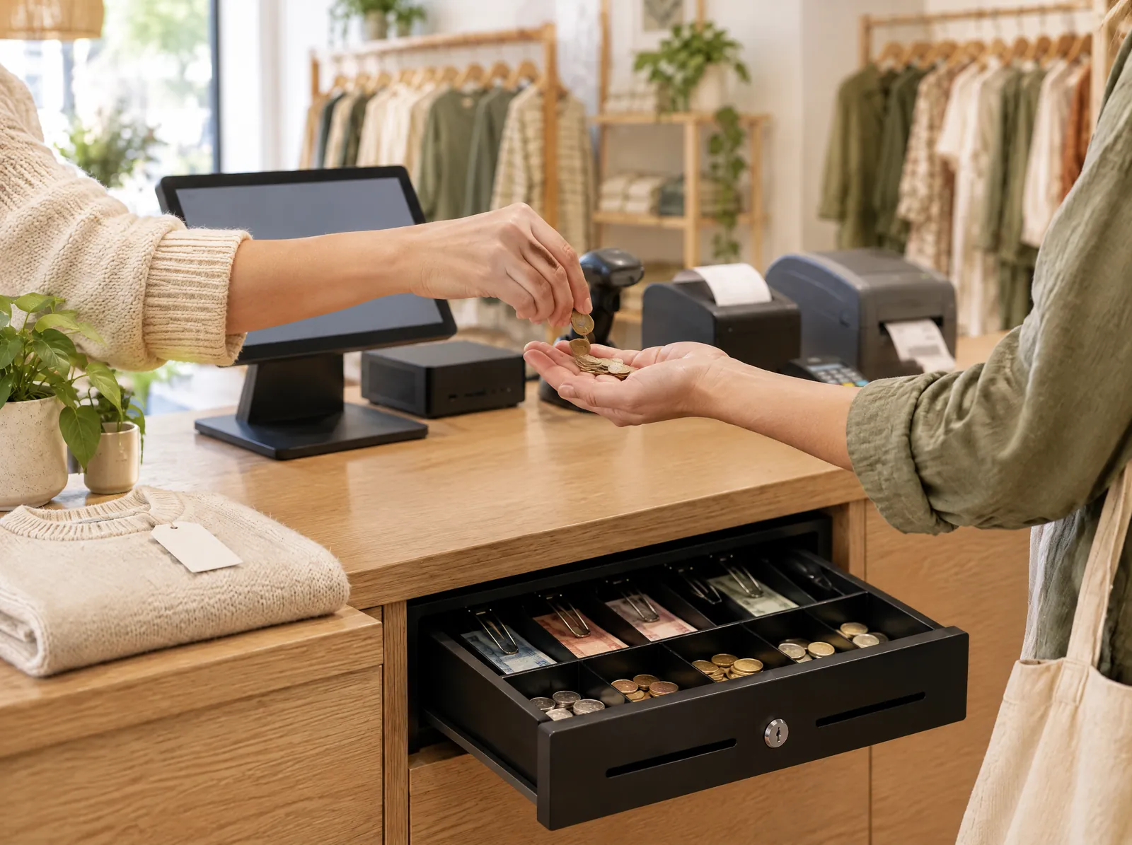 La commerçante rend la monnaie à une cliente, le tiroir-caisse ouvert sous le comptoir.