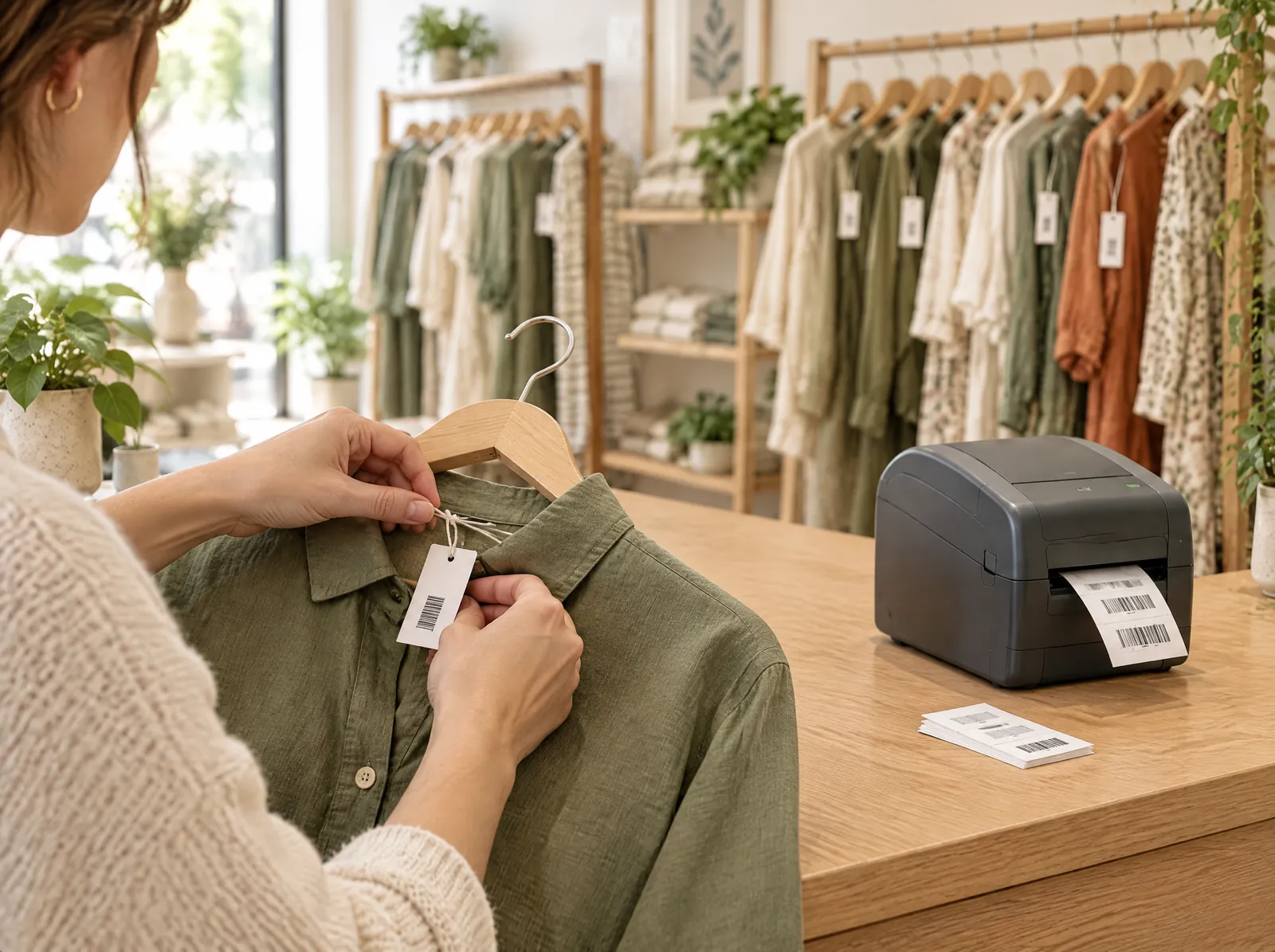 Des mains attachent une étiquette avec code-barres à une chemise en lin, près de l'imprimante d'étiquettes.
