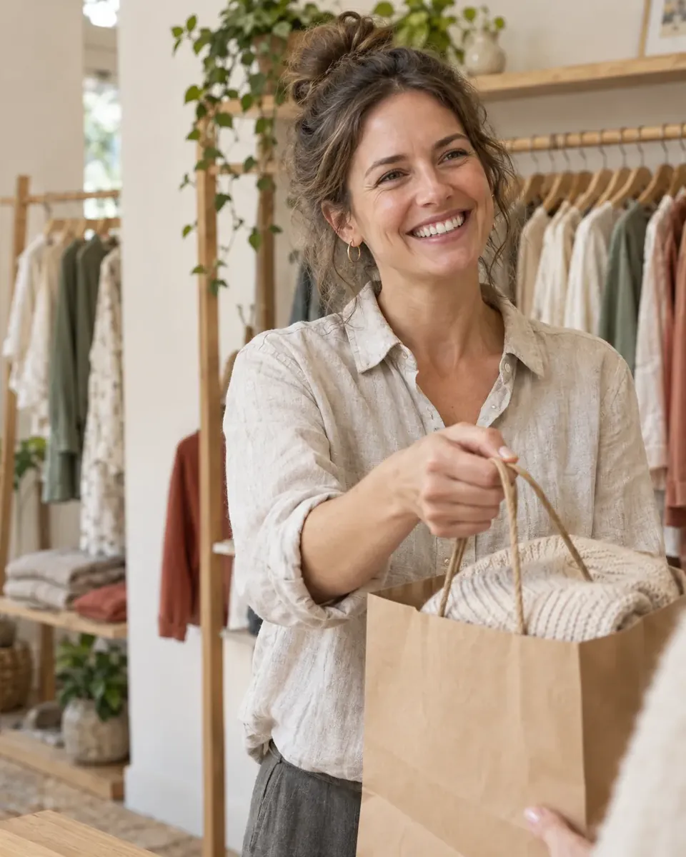 La commerçante accueille une cliente au comptoir avec un sac.