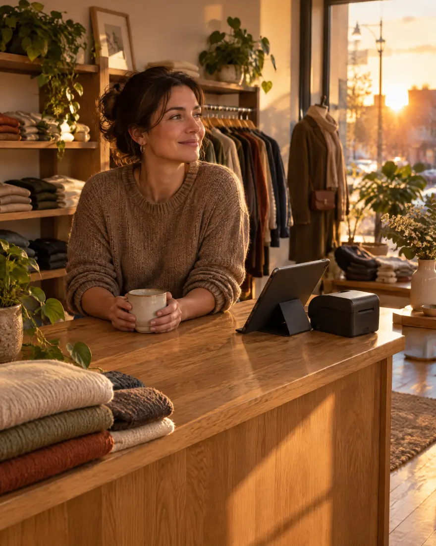 En fin de journée, la commerçante sourit, une tasse à la main, derrière son comptoir rangé.